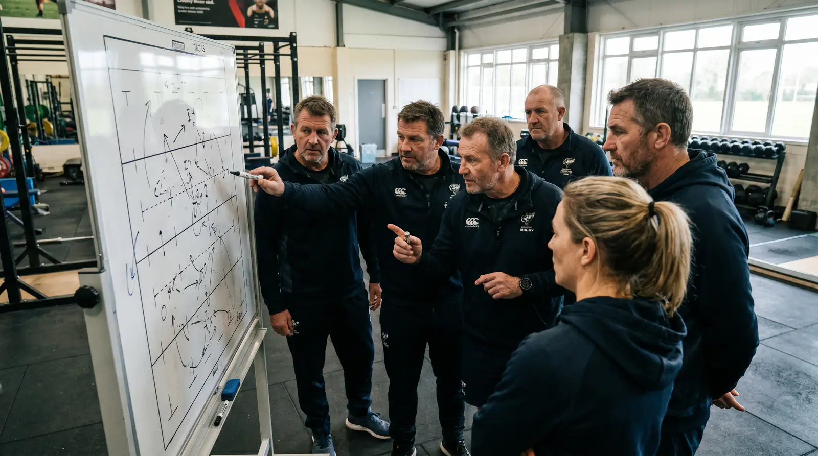 Rugby coaching team discussing tactics on whiteboard during All Blacks training session