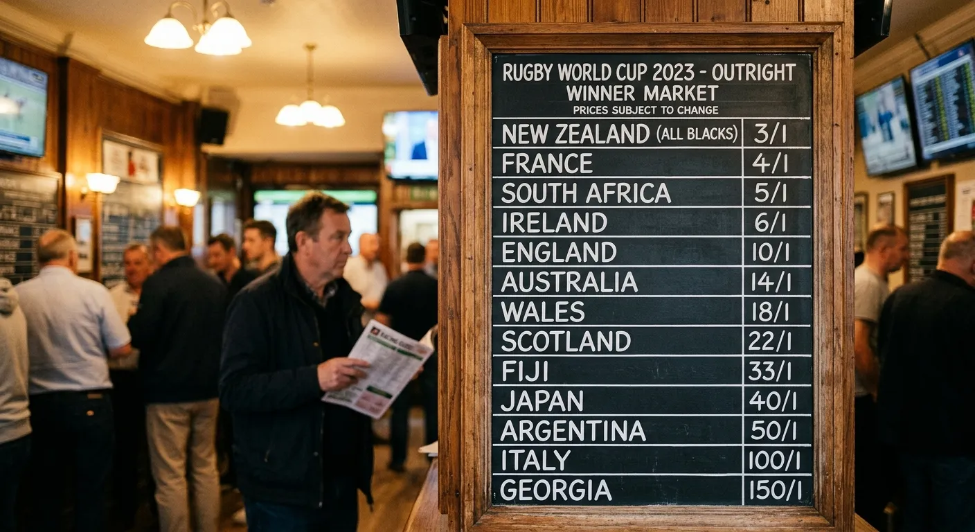 Betting odds board showing New Zealand All Blacks outright prices for Rugby World Cup