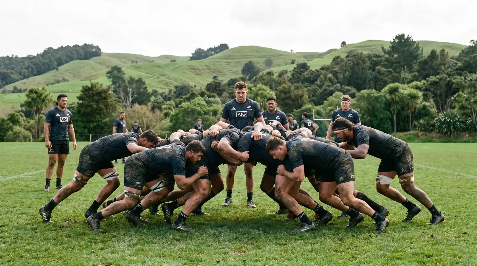 All Blacks forwards training scrummaging drills on practice field in New Zealand