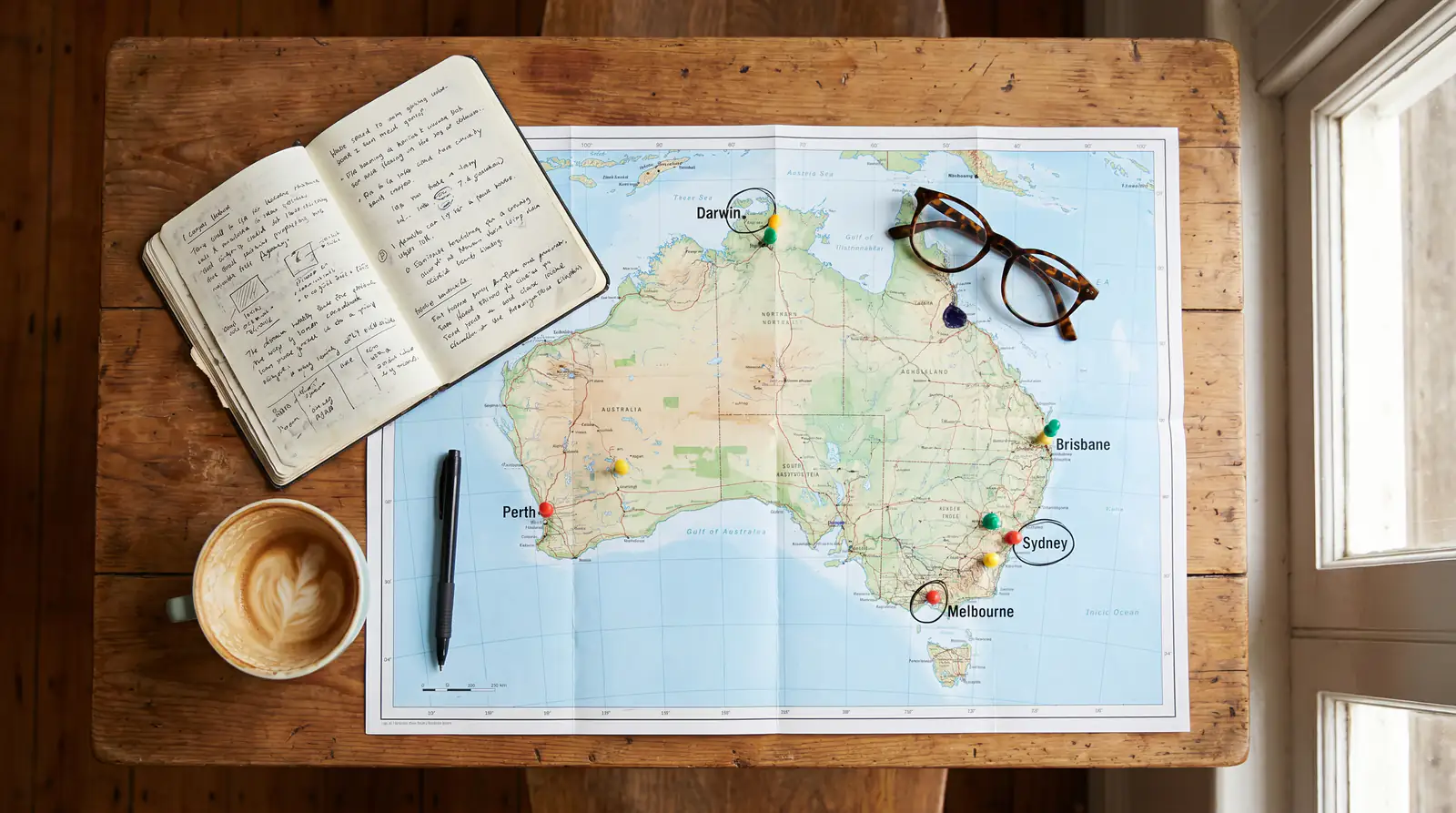 Map of Australia showing Rugby World Cup host cities with flight routes between venues