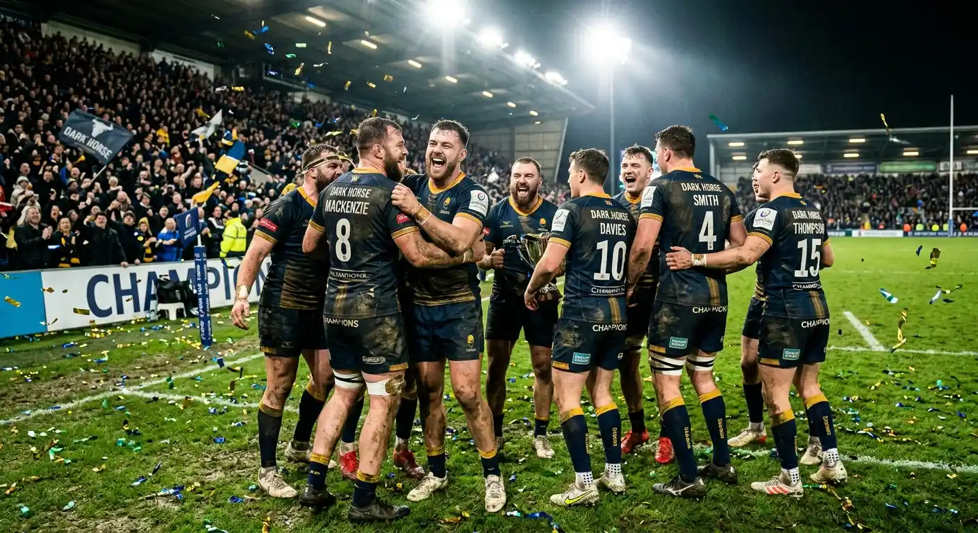 Dark horse rugby team celebrating an unexpected World Cup victory