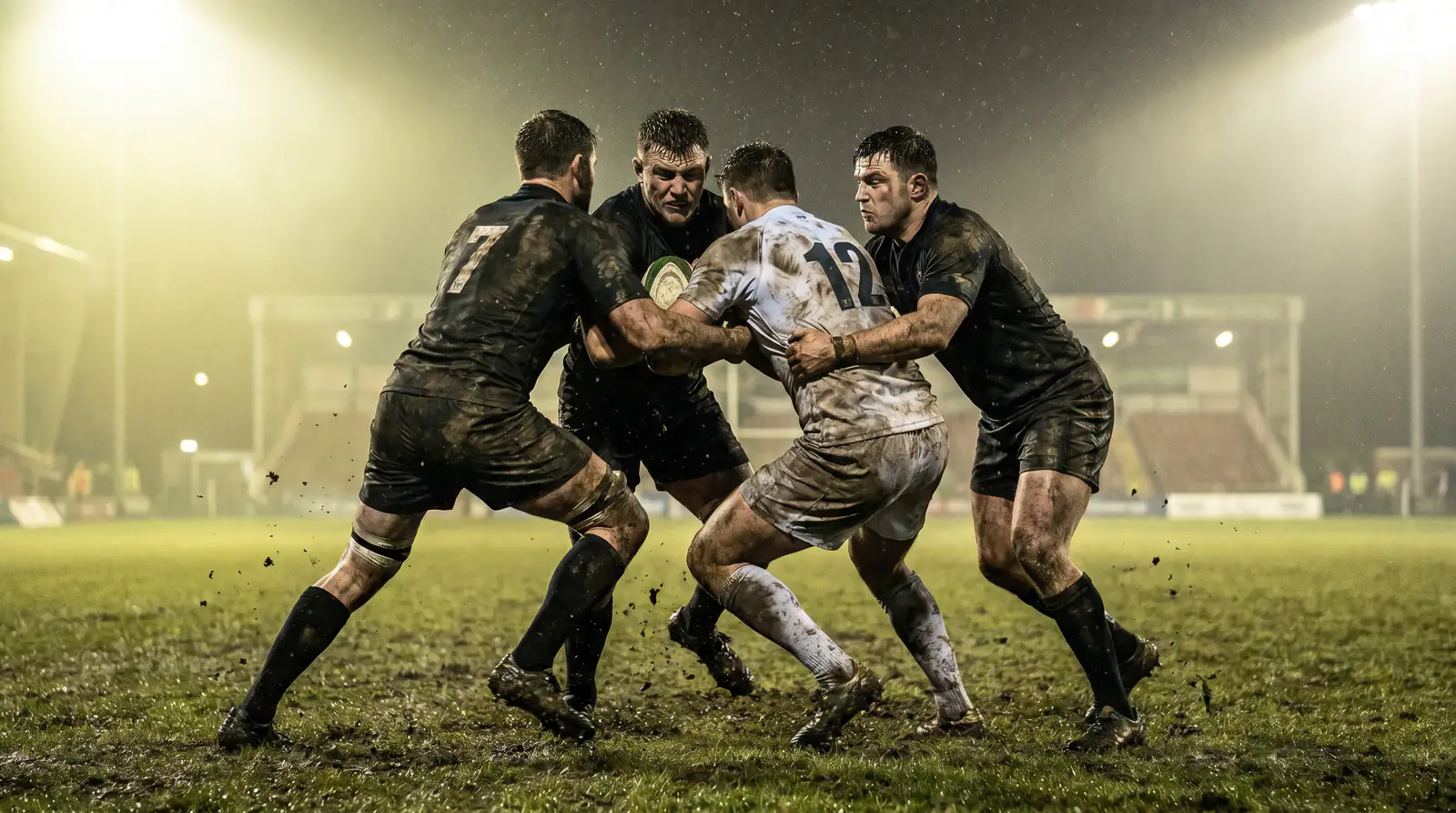 Defensive line holding firm during a Rugby World Cup knockout match