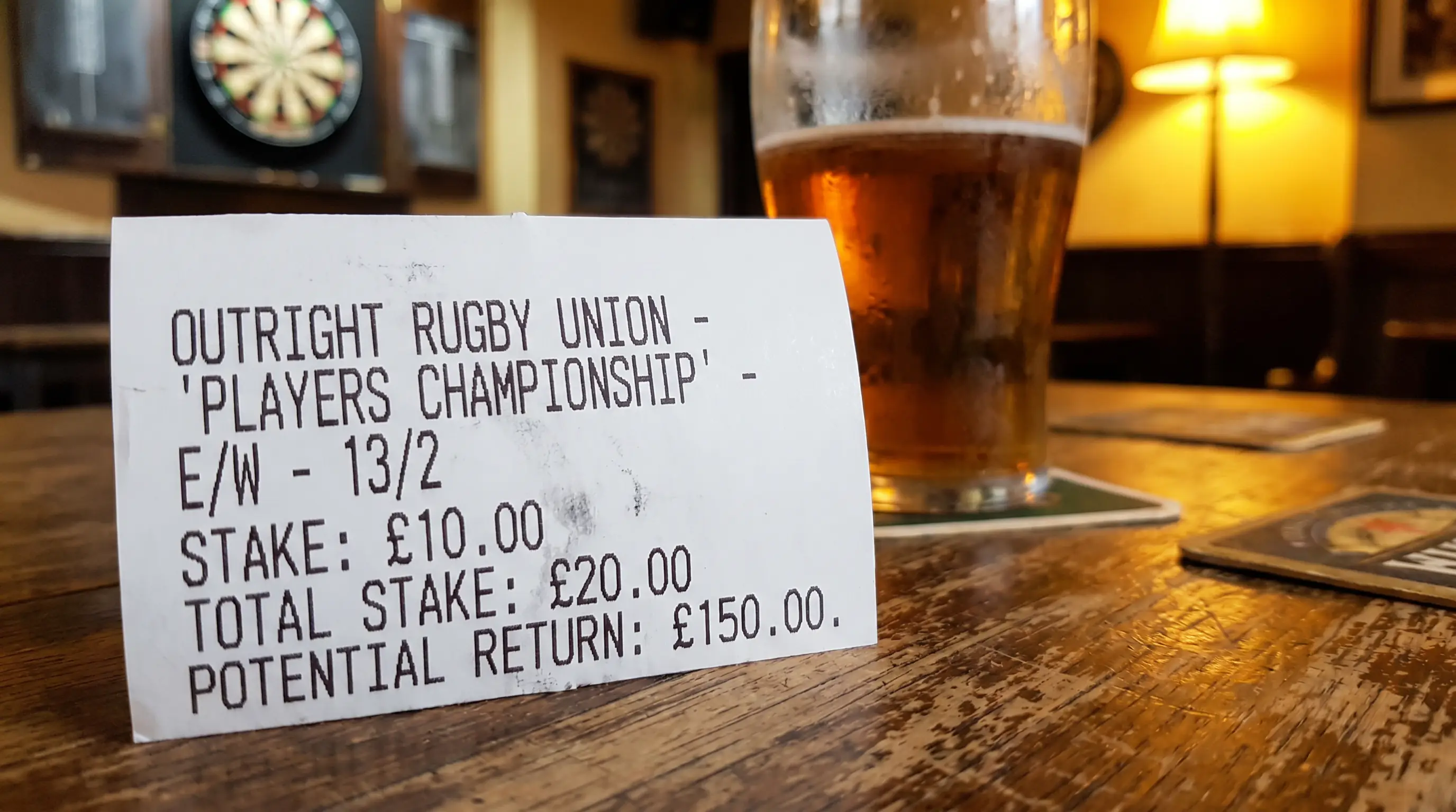 Each-way outright bet slip for Rugby World Cup tournament winner market