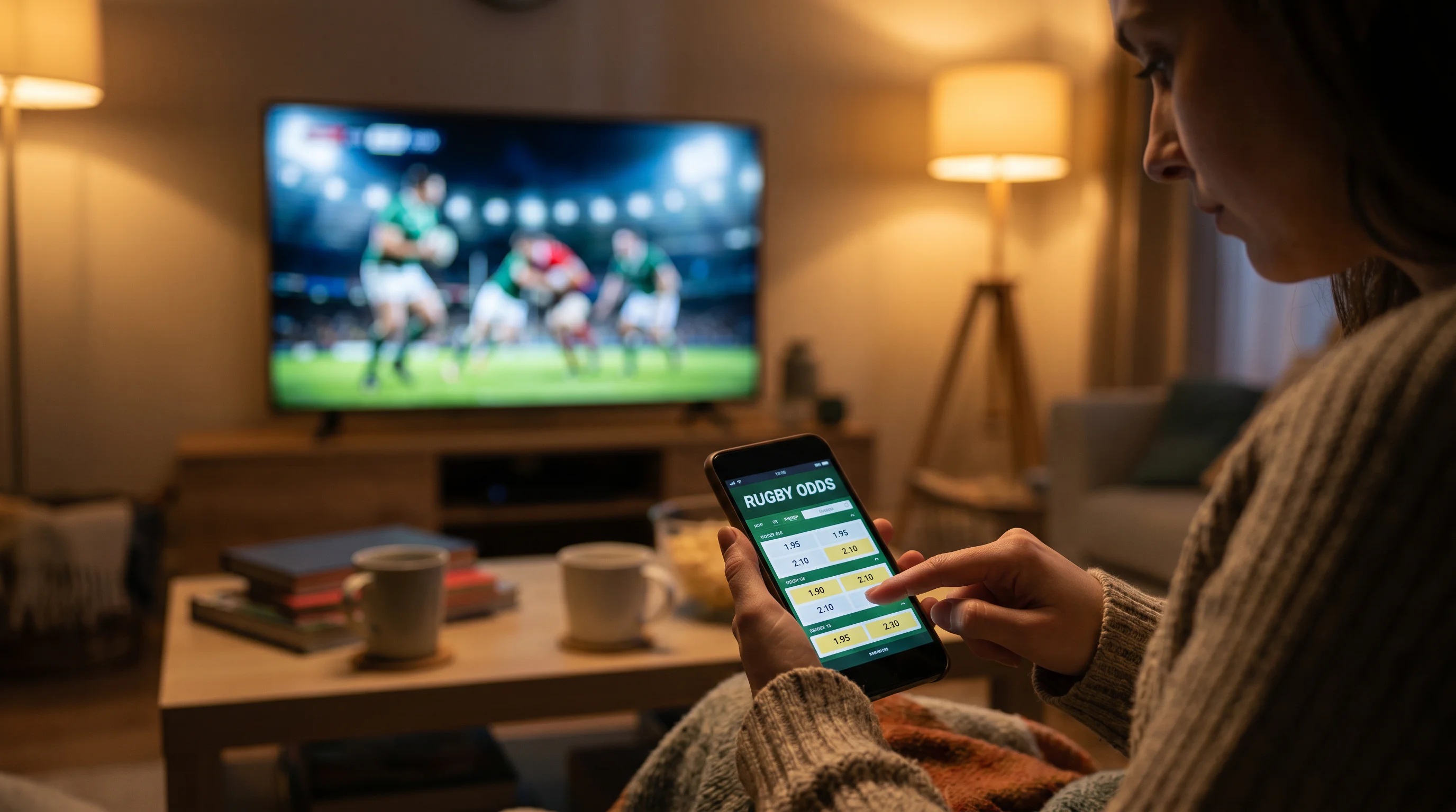 Person studying rugby betting markets on mobile phone with match playing on television behind