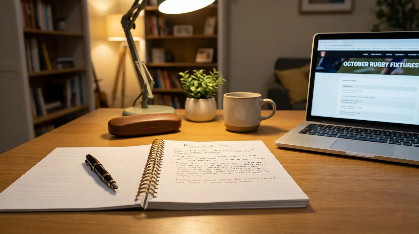 Notebook with structured rugby betting plan laid out next to laptop showing match schedule