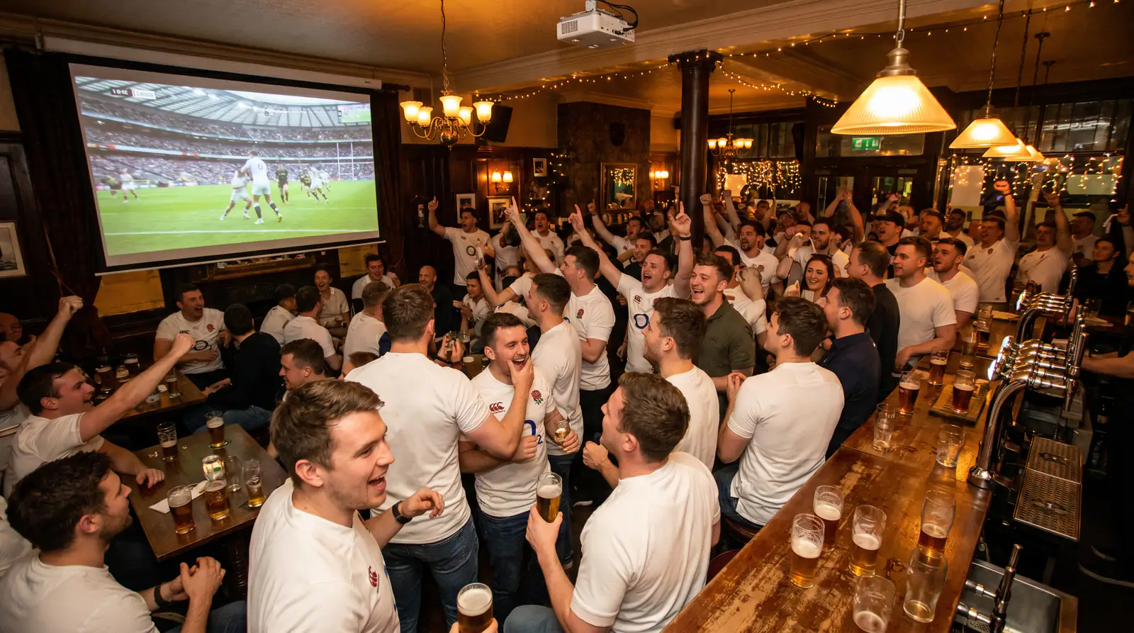Rugby fans watching England match on large pub screen representing UK betting audience