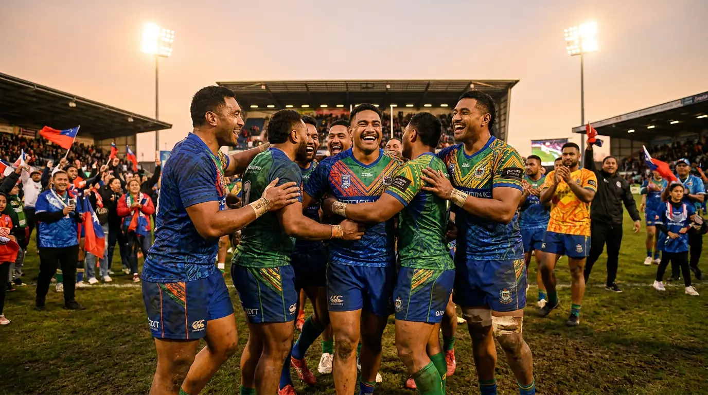 Fiji rugby players celebrating a pool stage victory at RWC 2023