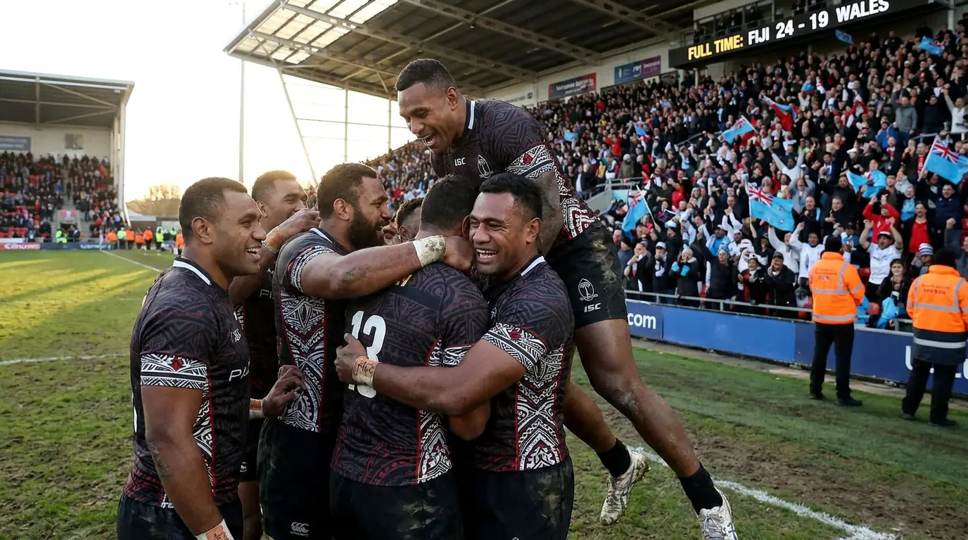 Pacific Island rugby team celebrating pool stage victory against higher-ranked World Cup opponent