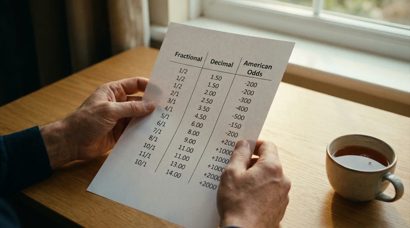 Conversion table showing fractional, decimal and American odds formats side by side
