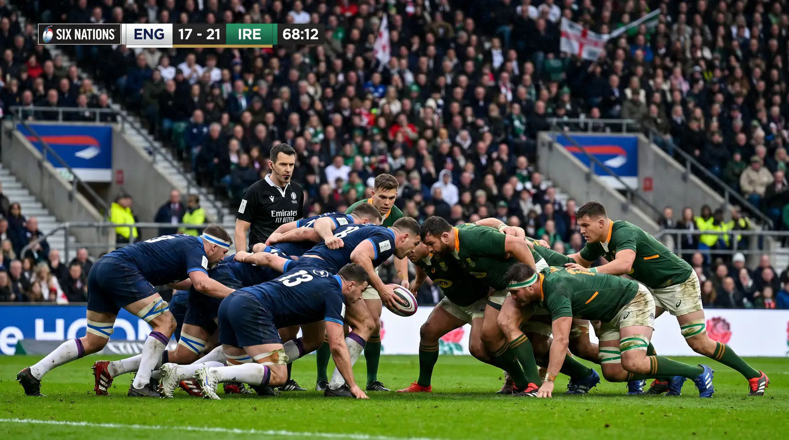 Northern hemisphere rugby contenders France and Ireland competing in a Six Nations match