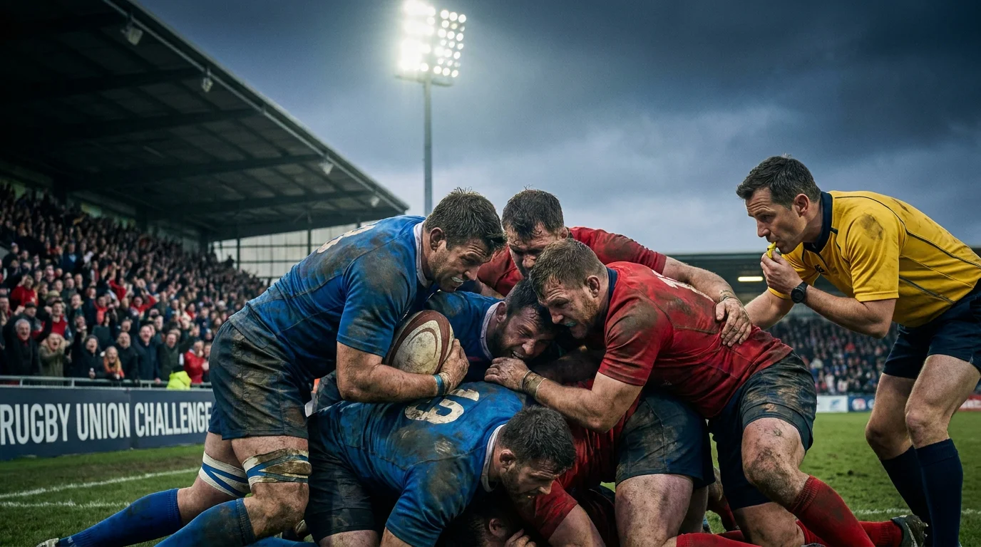 Rugby players competing under pressure in World Cup knockout match at home stadium