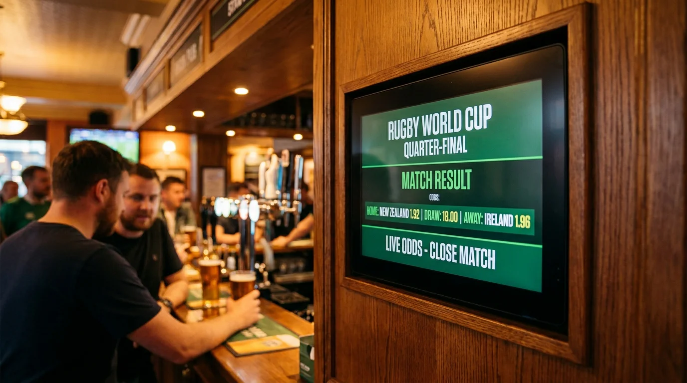 Close odds board showing competitive match result prices for Rugby World Cup quarter-final