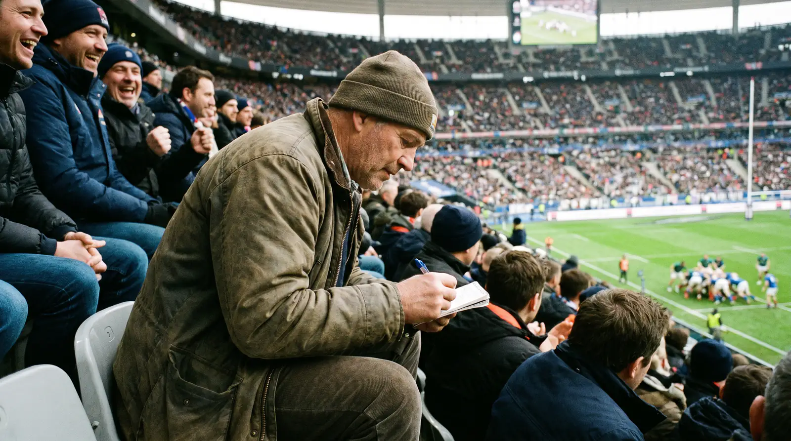 Person watching rugby match from stadium seat taking notes for live betting adjustments