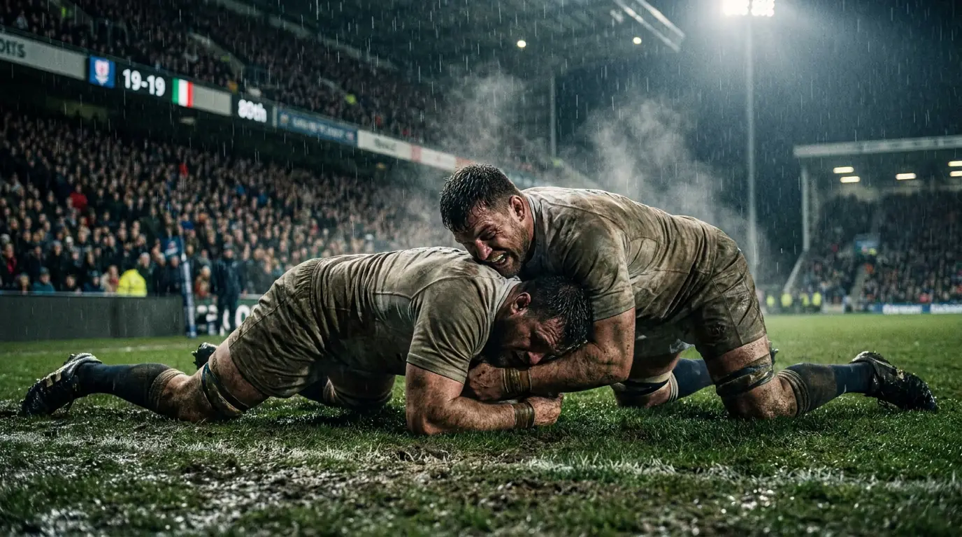 Intense rugby knockout match with players locked in close defensive battle near try line