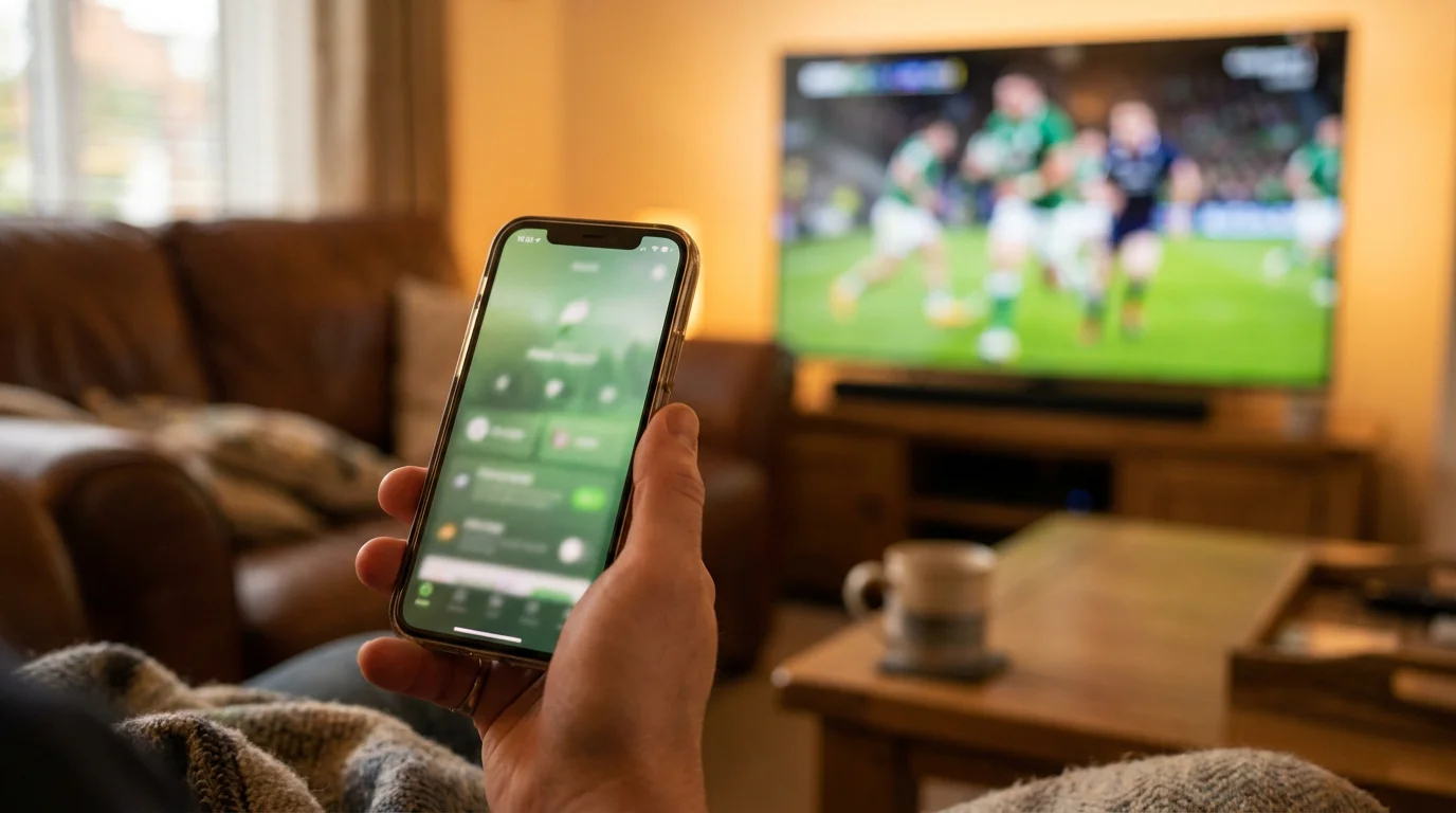 Live rugby betting markets displayed on a mobile phone during an RWC match