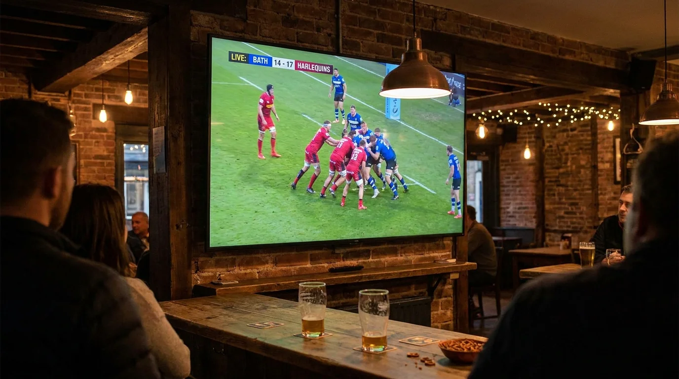 Rugby match broadcast on screen showing live score overlay