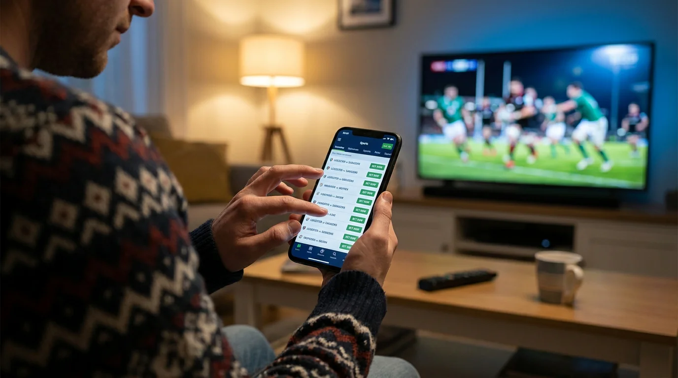 Person building rugby handicap accumulator on mobile betting app during World Cup match day