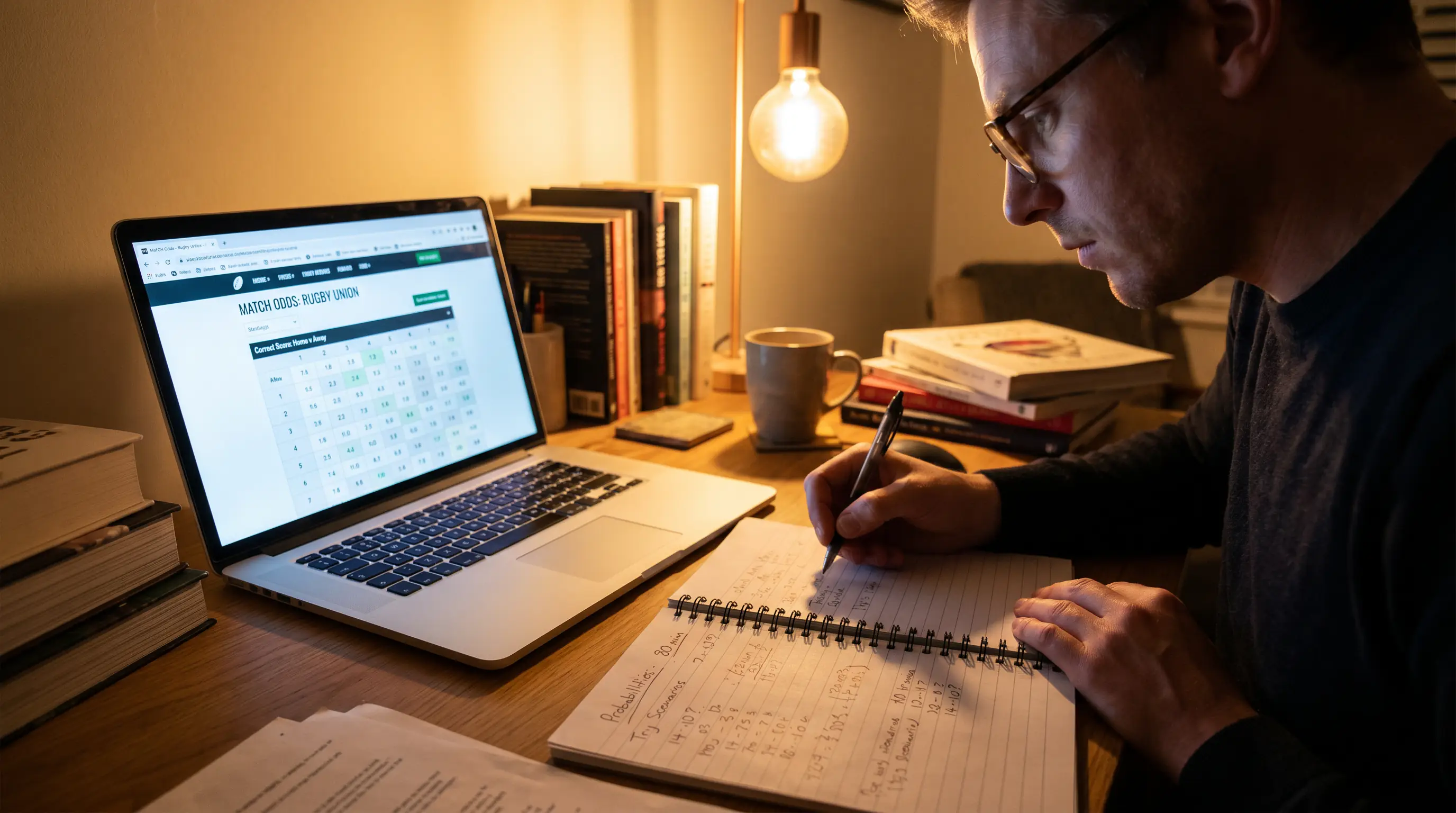 Bettor analysing correct score odds on a niche rugby betting market