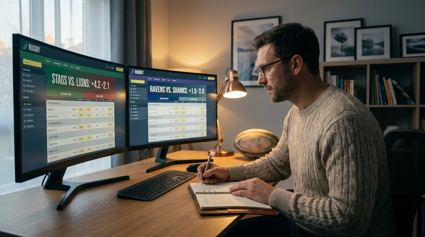 Bettor comparing rugby odds across multiple UK bookmaker screens