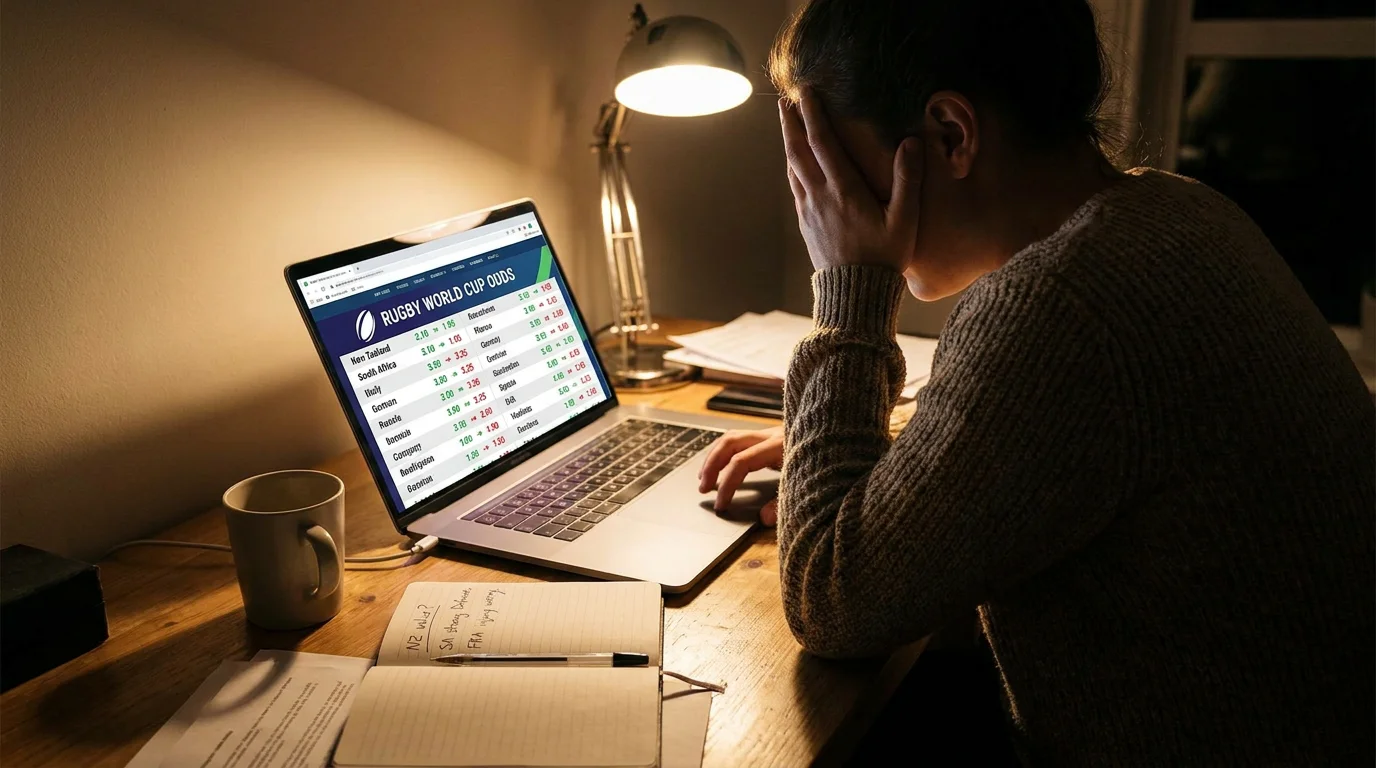 Betting screen showing shifting outright odds after Rugby World Cup pool stage completion