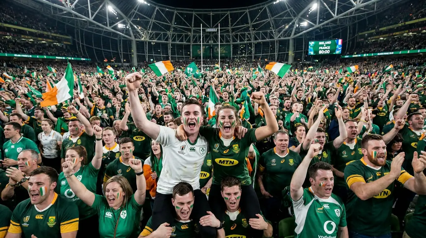 Rugby fans cheering for home nation team in stadium representing public money bias effect
