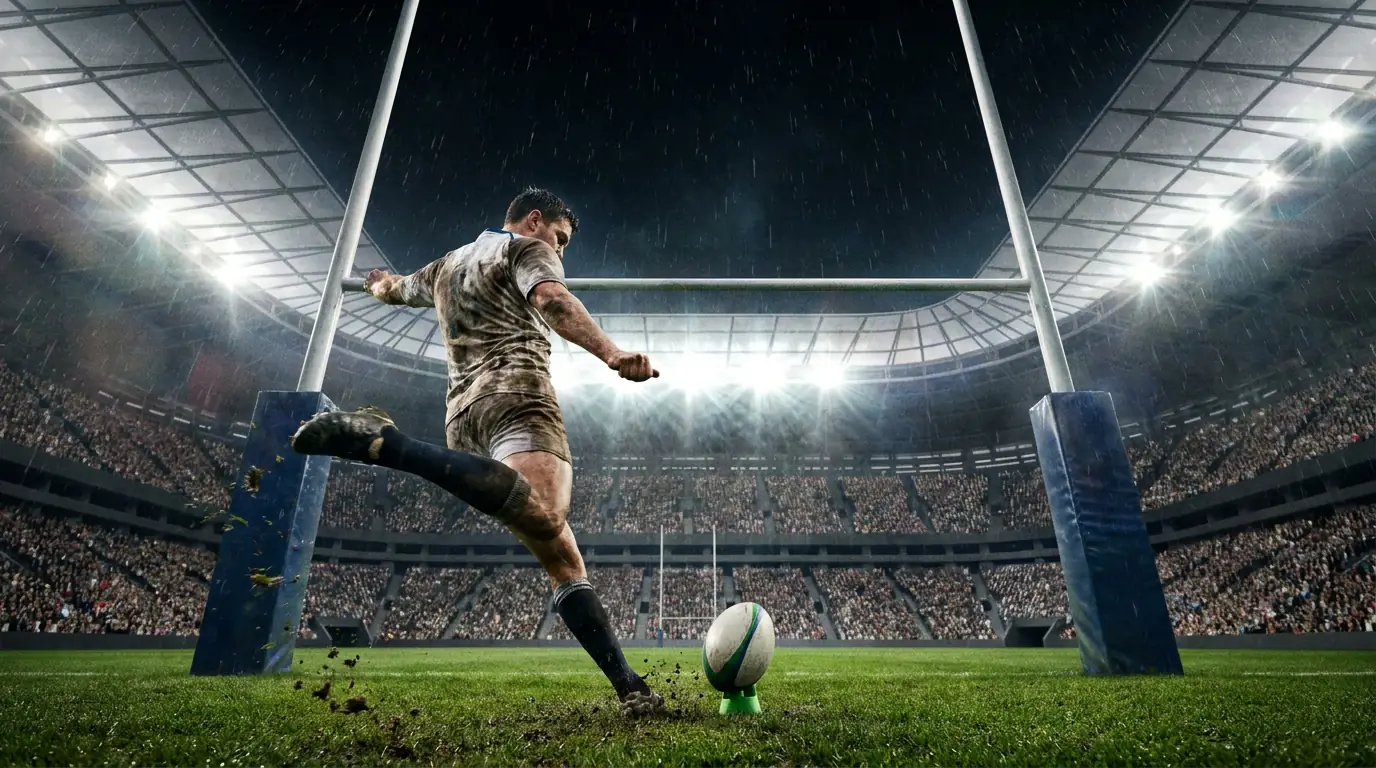 Rugby goal kicker striking a penalty in the opening minutes of a World Cup final