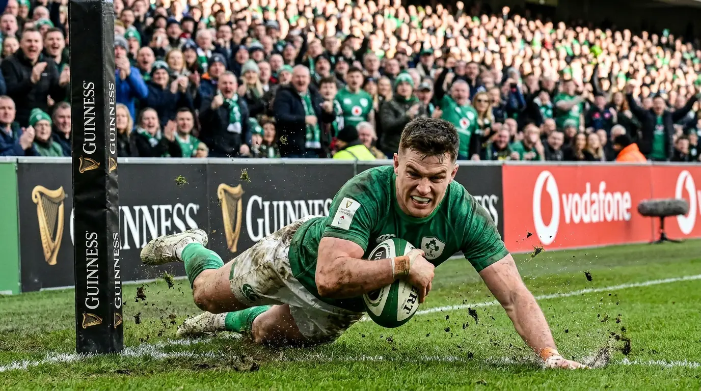 Rugby winger diving to score try in corner during high-scoring World Cup pool match