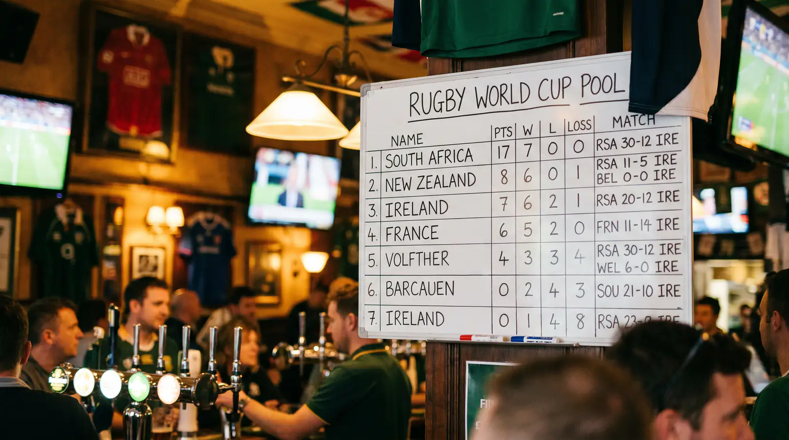 Rugby tournament standings board showing pool table with points and bonus points columns