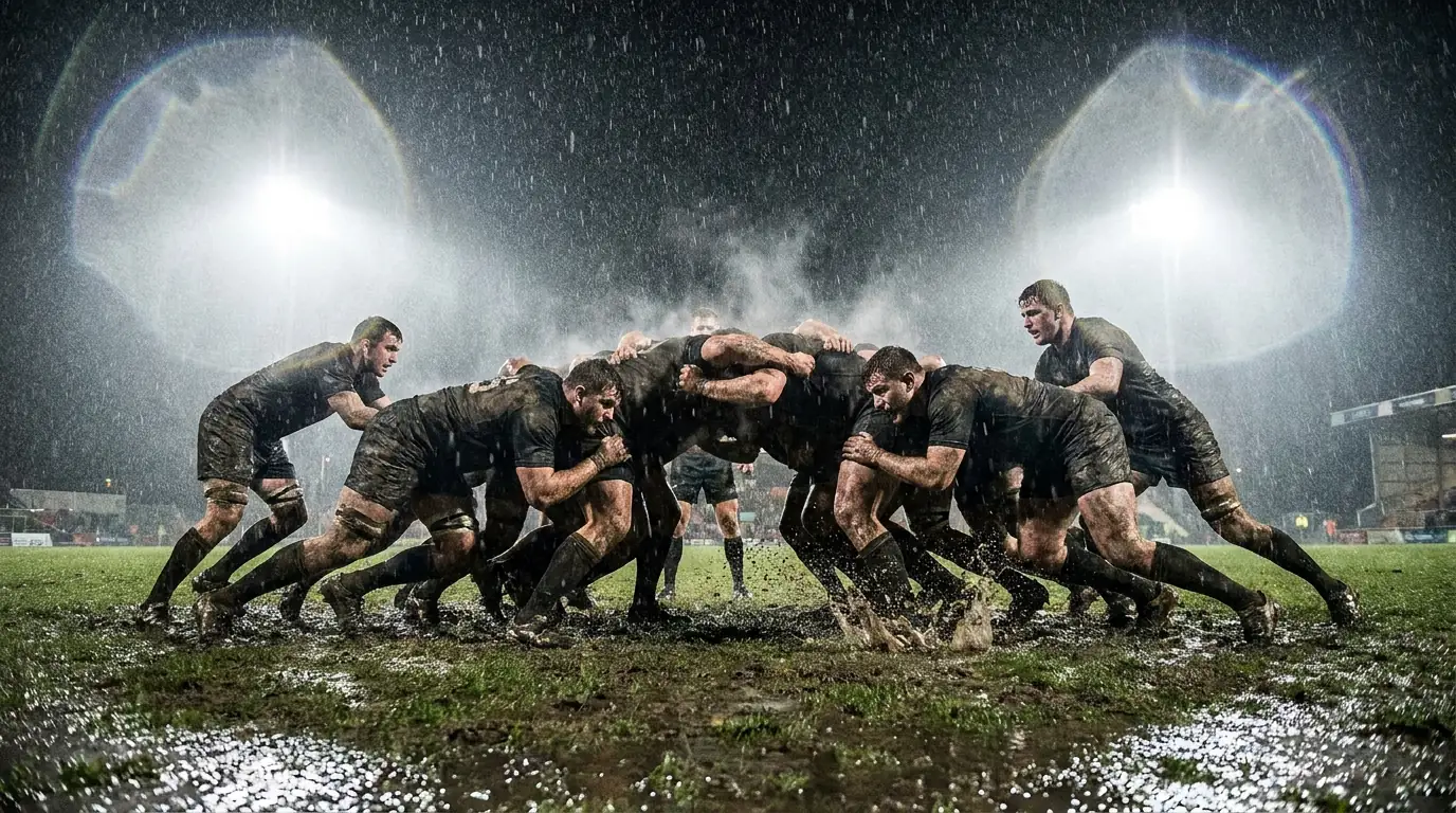 Rugby match played in heavy rain affecting handling and scoring rates