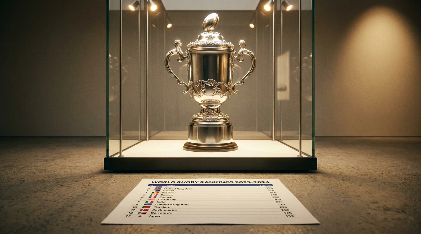 World Rugby rankings board contrasted with World Cup trophy history