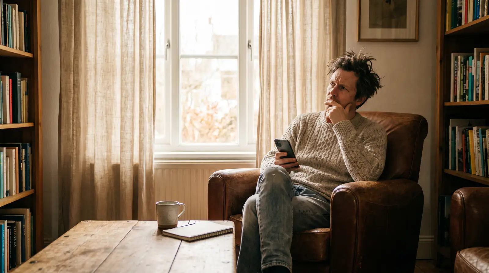 Person pausing thoughtfully while looking at phone representing self-reflection on betting habits