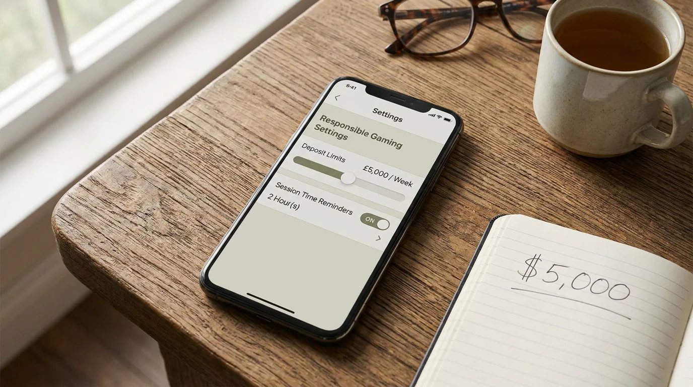 Responsible gambling tools showing deposit limit and session reminder settings on a betting platform