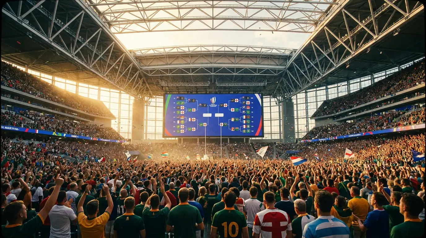 Rugby stadium crowd watching elimination match with tournament bracket displayed on big screen