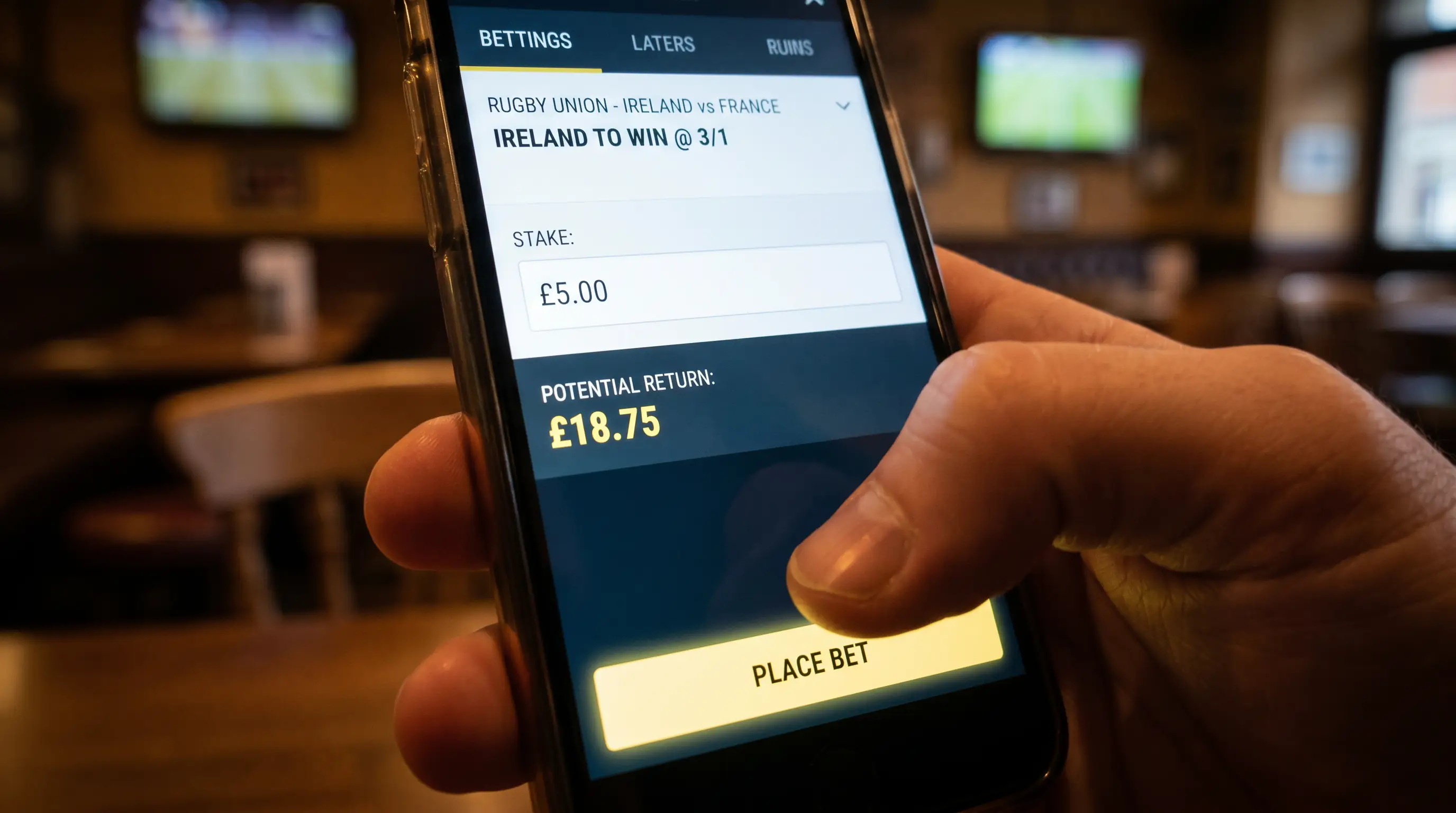 Mobile bet slip showing a rugby world cup match selection with stake and potential return