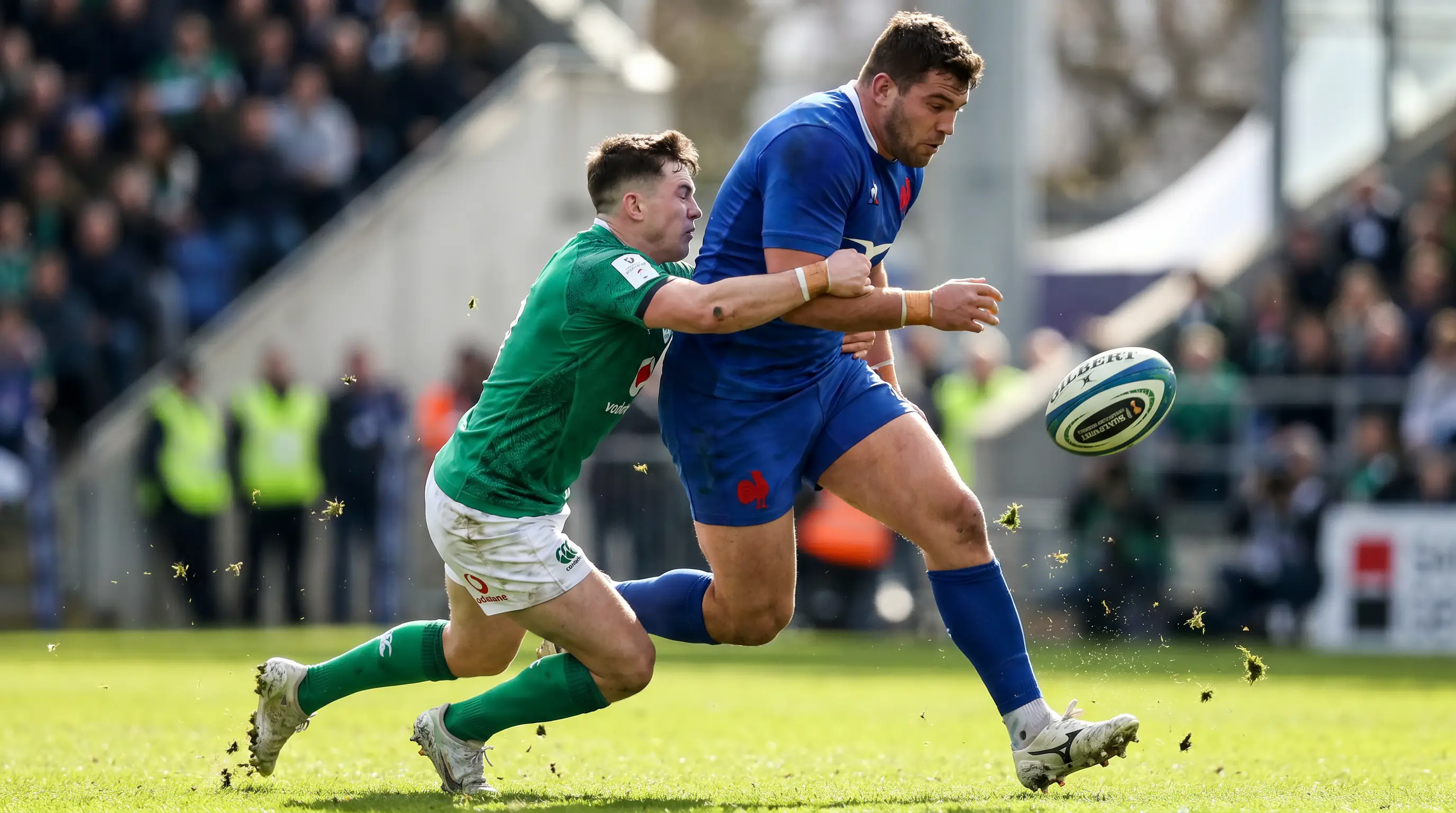 Dark horse team making a decisive tackle during a Rugby World Cup upset