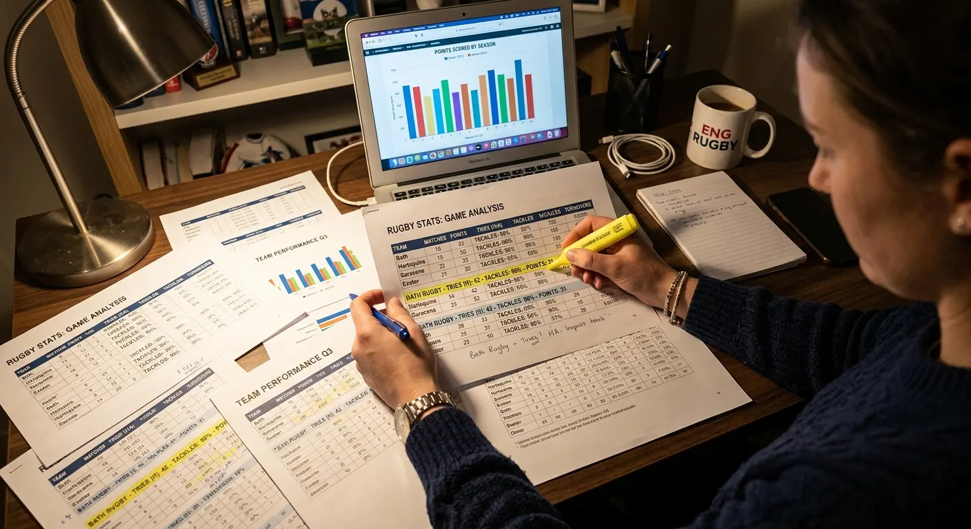 Analyst reviewing rugby team performance data on a desk with printed reports