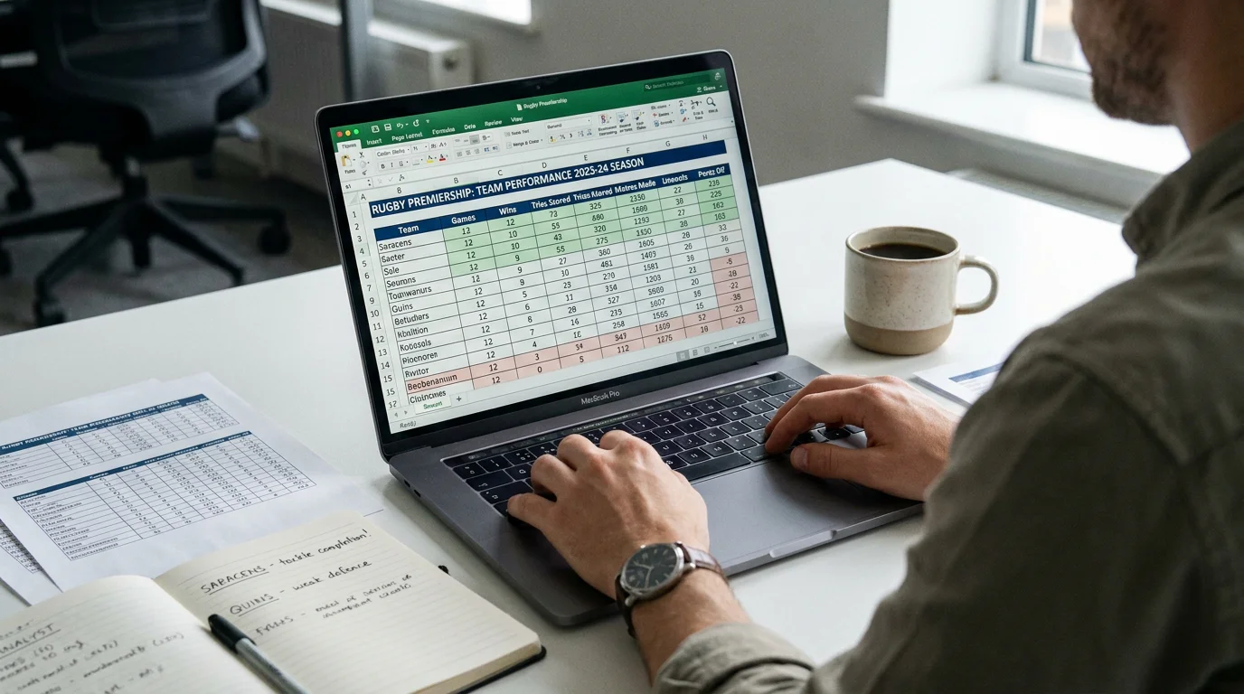 Analyst reviewing rugby team performance statistics on a laptop screen