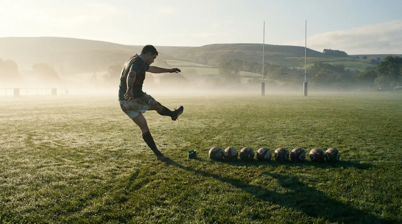 Rugby goal kicker practising kicks during pre-match warm-up