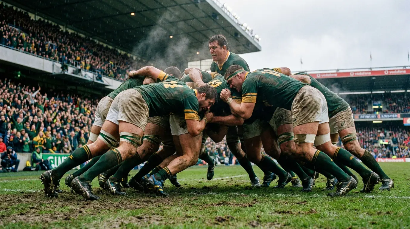 Rugby lineout maul driving towards the try line at a World Cup pool match