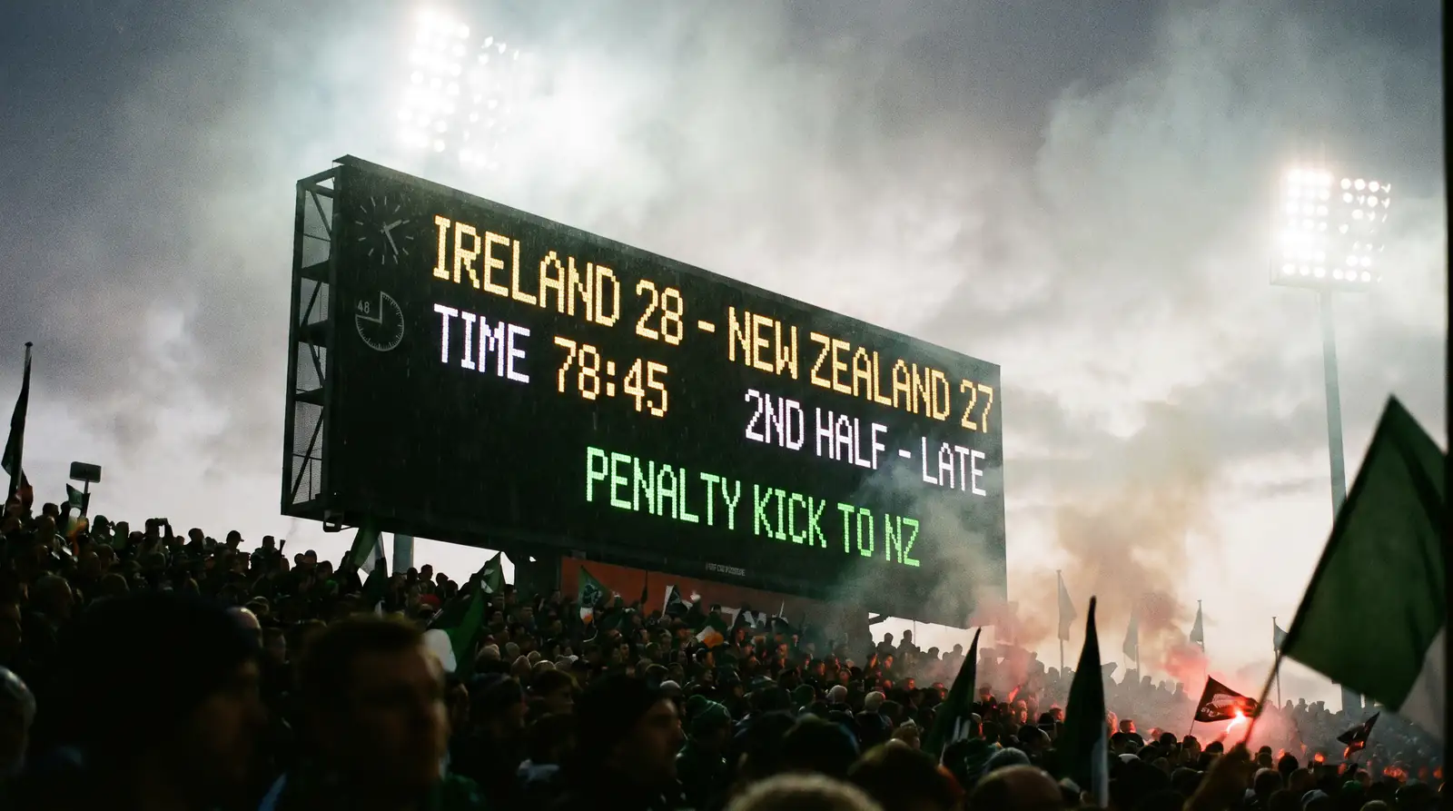 Rugby union match result scoreboard showing the final score of a competitive international fixture