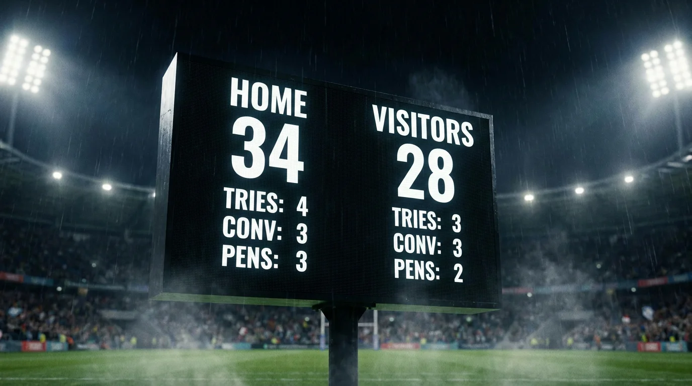 Rugby scoreboard showing multi-denomination scoring with tries penalties and conversions