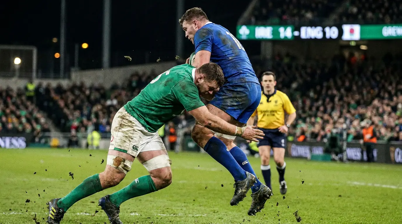 Rugby flanker making a tackle in a world cup match relevant to player prop betting markets