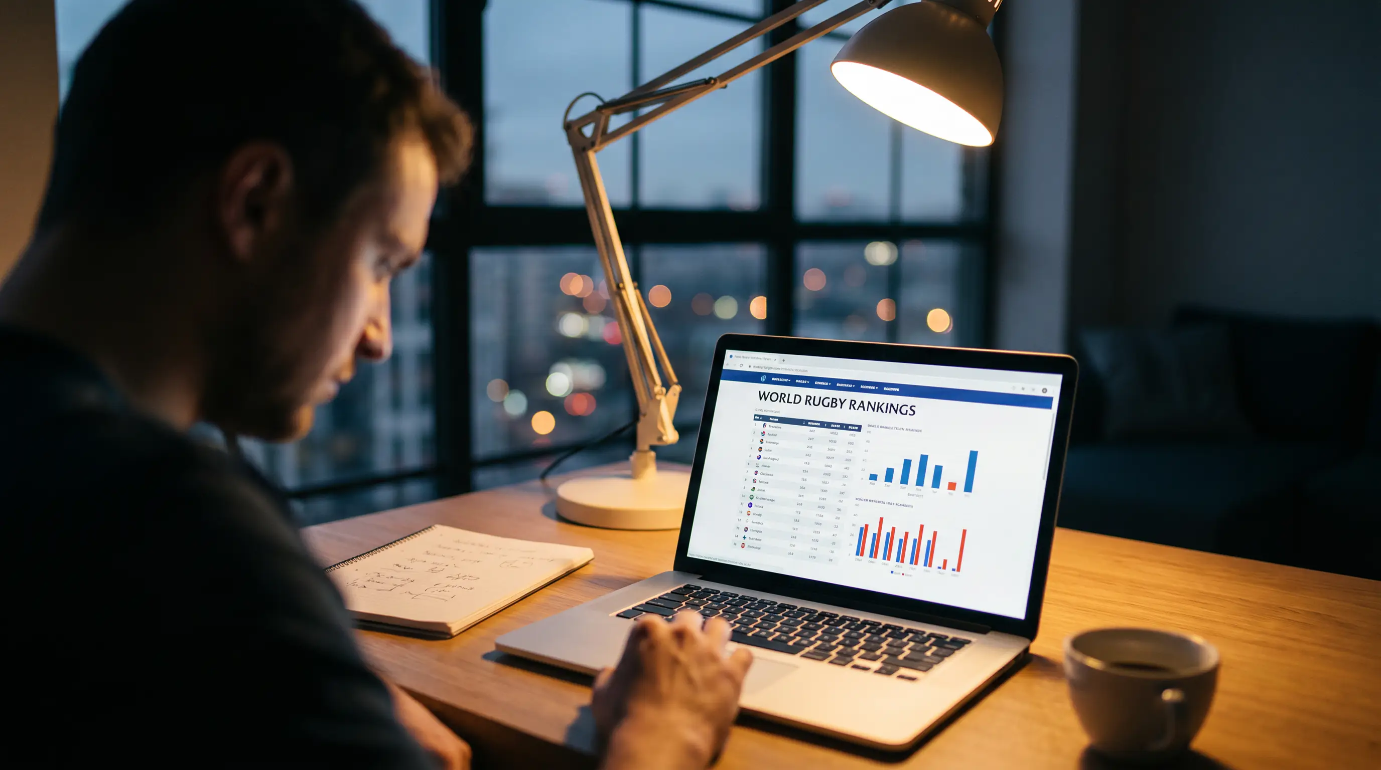 Analyst reviewing rugby team rankings and match statistics on laptop screen