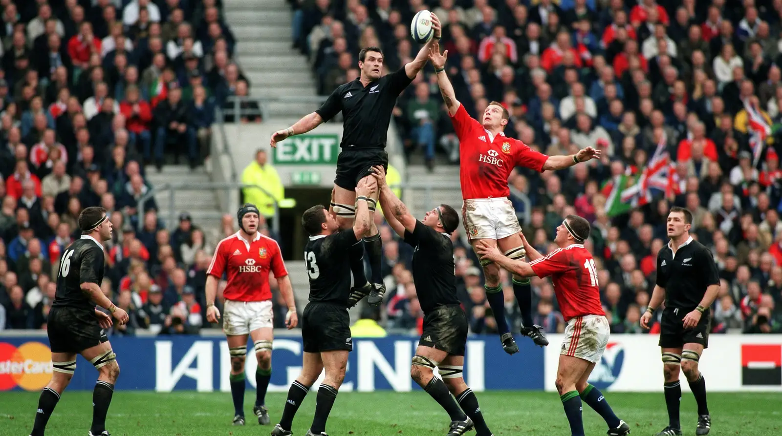 Rugby lineout set piece being contested during an international test match