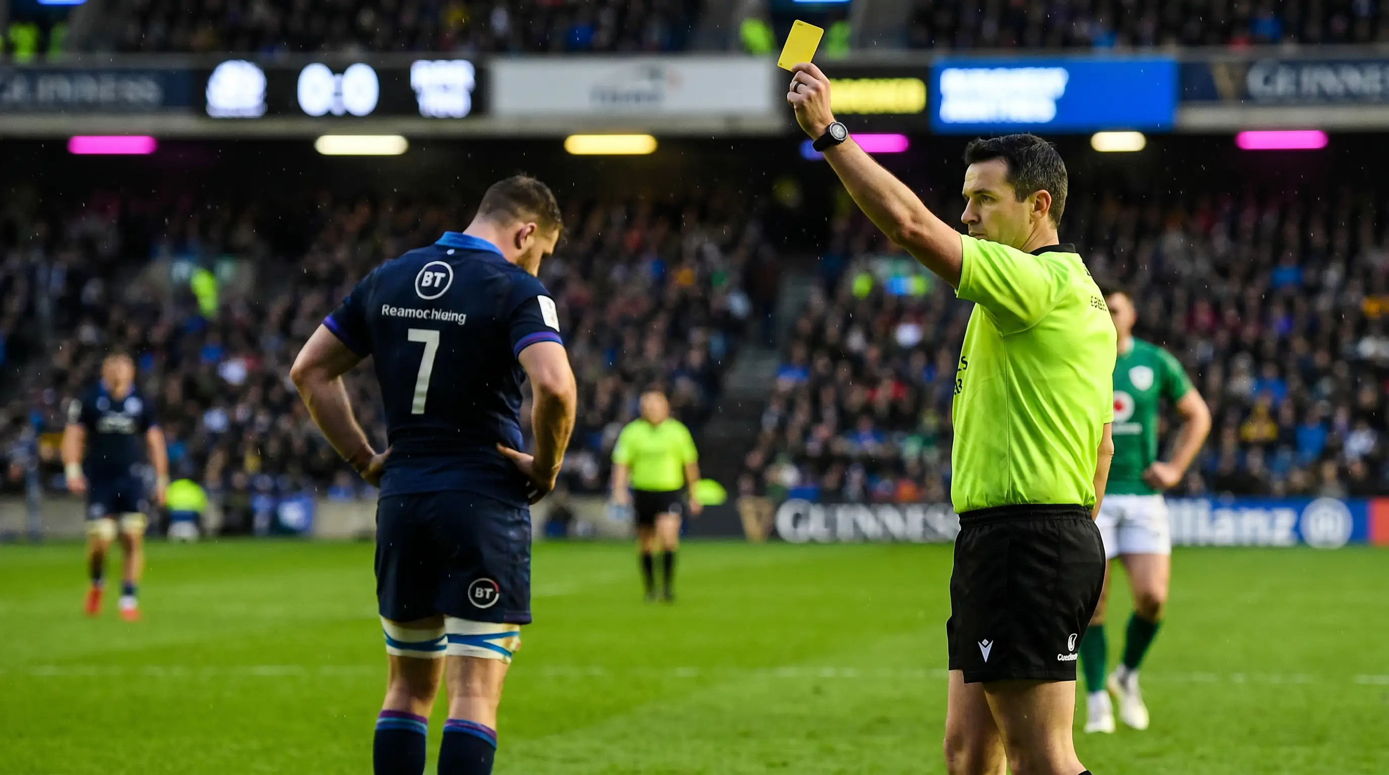Rugby player shown yellow card for sin bin during a World Cup match