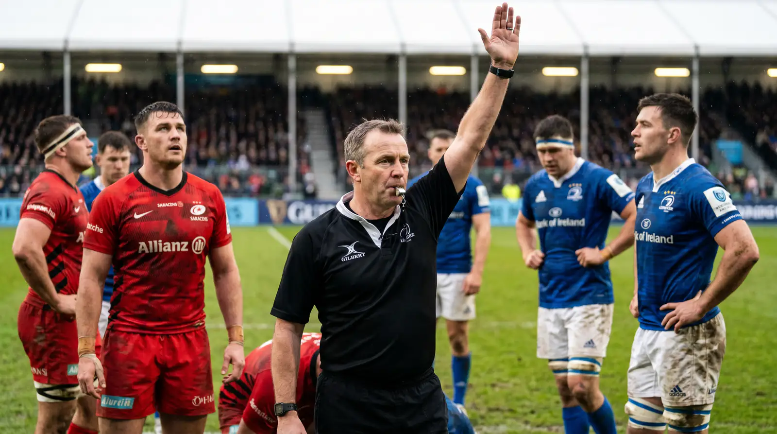 Rugby referee and TMO confirming a try decision during World Cup match