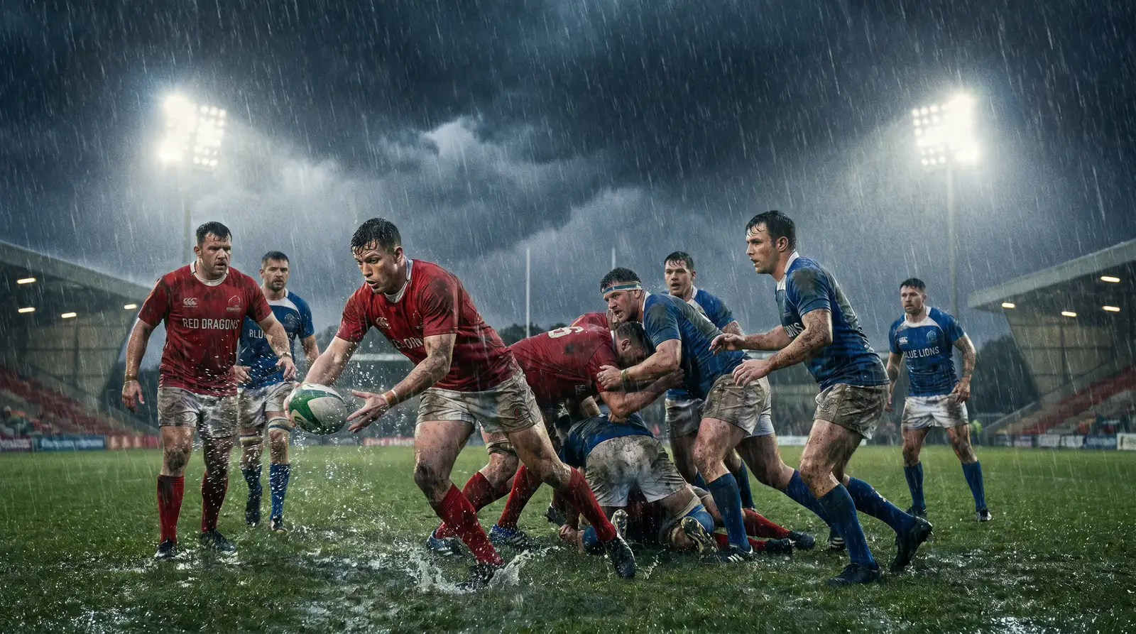 Rugby match being played in wet conditions affecting the over under total points line
