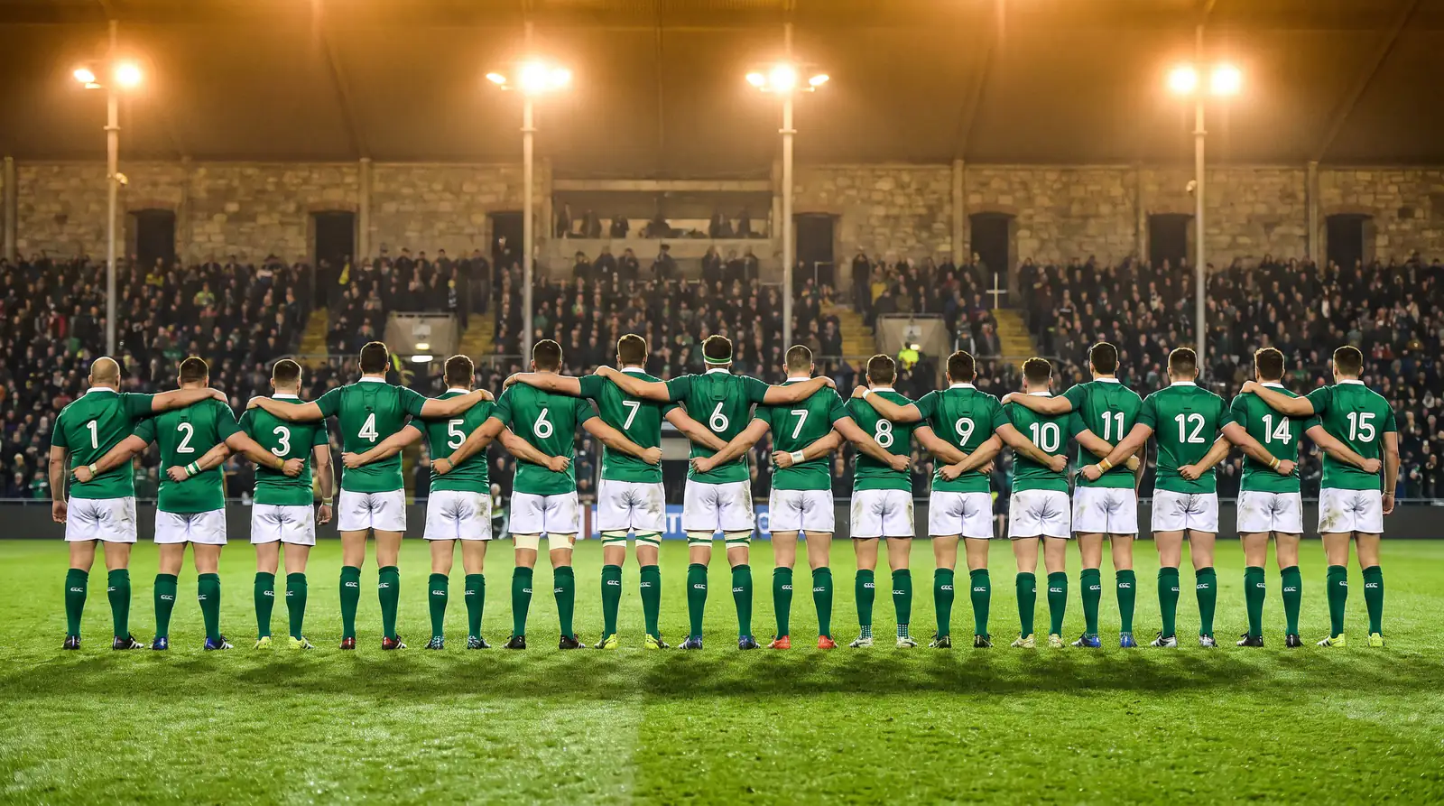 Rugby players lined up before a World Cup pool stage match