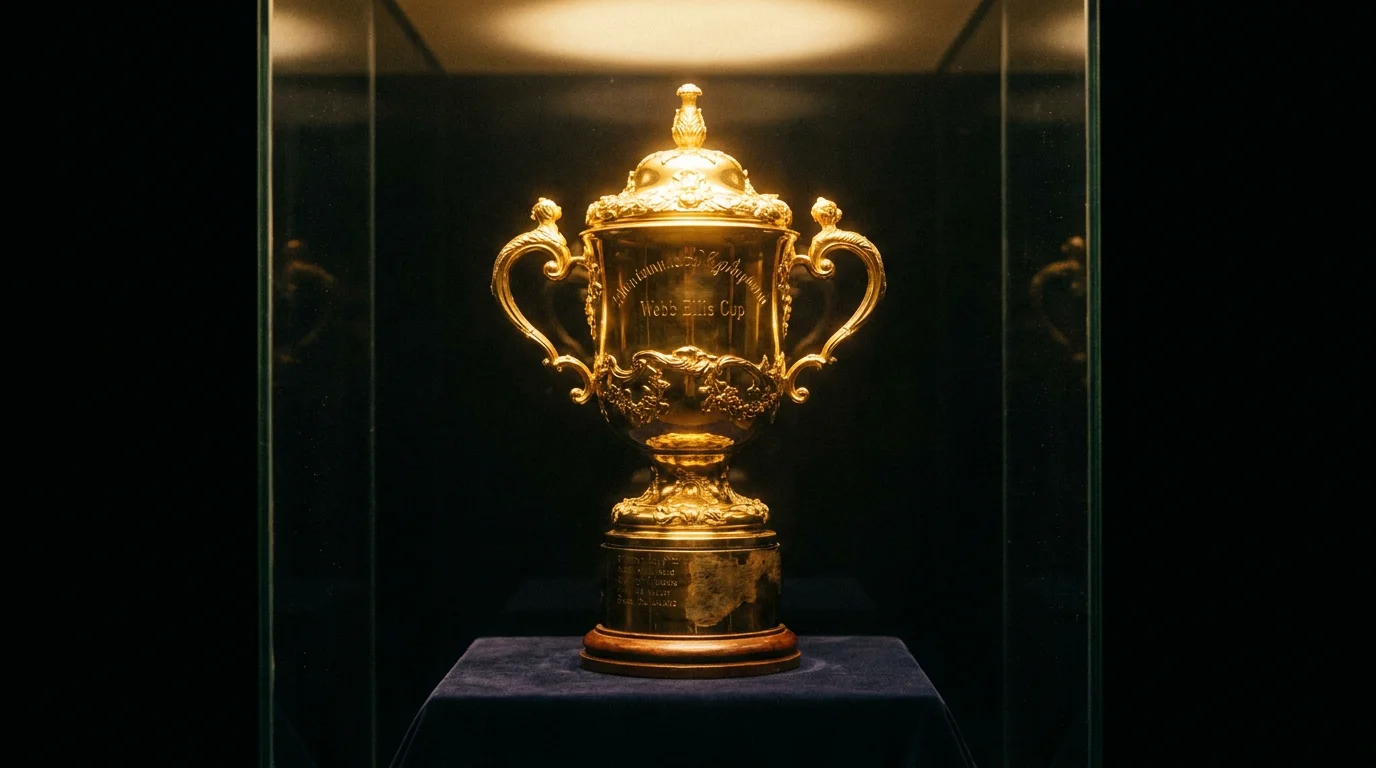 Webb Ellis Cup trophy on display at a rugby event
