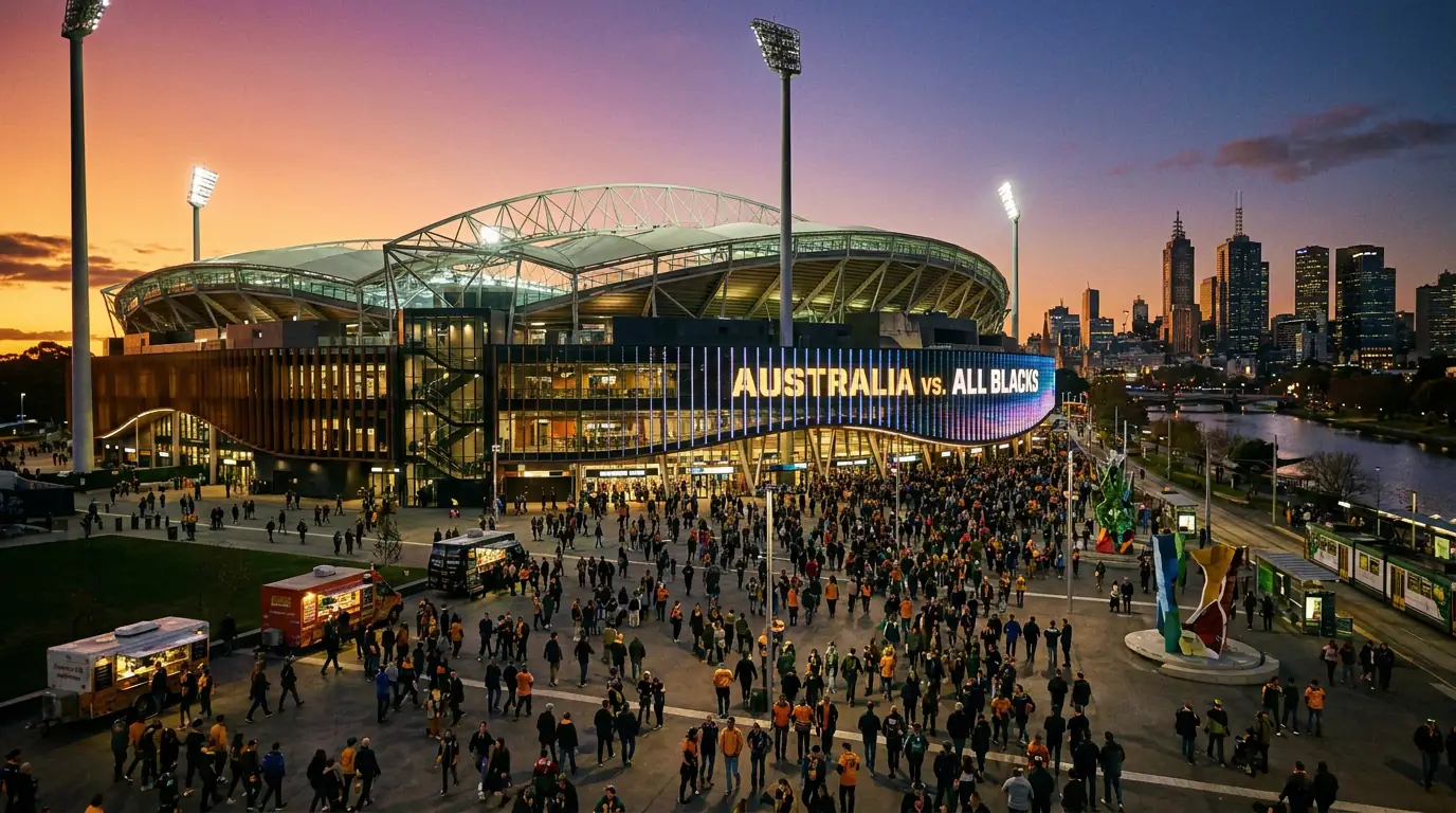 Modern Australian rugby stadium with packed crowd and retractable roof on warm spring evening